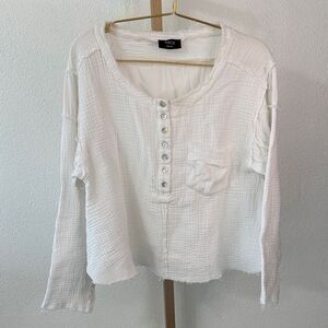 Vici white mixed Textured Button-Down Shirt- oversized small